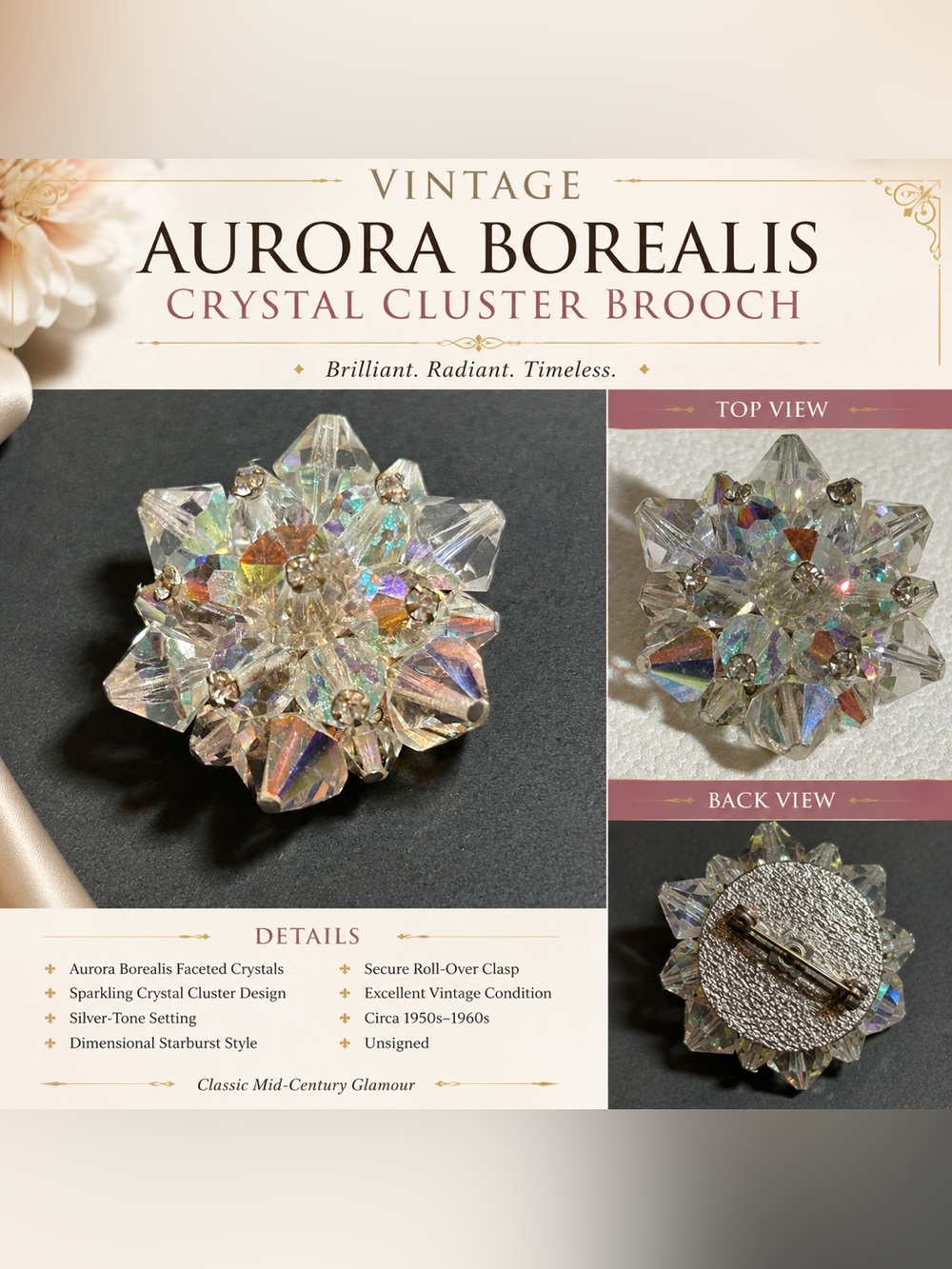 Aurora Borealis Crystal Cluster Brooch - Sparkling Clear Iridescent